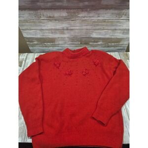 DIVIDENDS Red Lambswool Angora Rabbit Blend Mock Neck Sweater  Roses Pearls Med